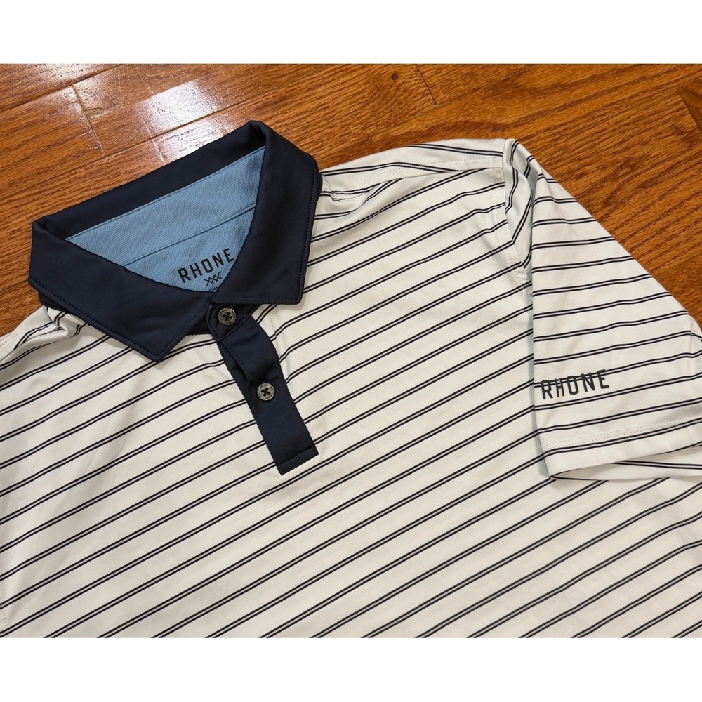 Rhone Golf Sport Polo Shirt Mens Medium Blue White Striped Performance Stretch